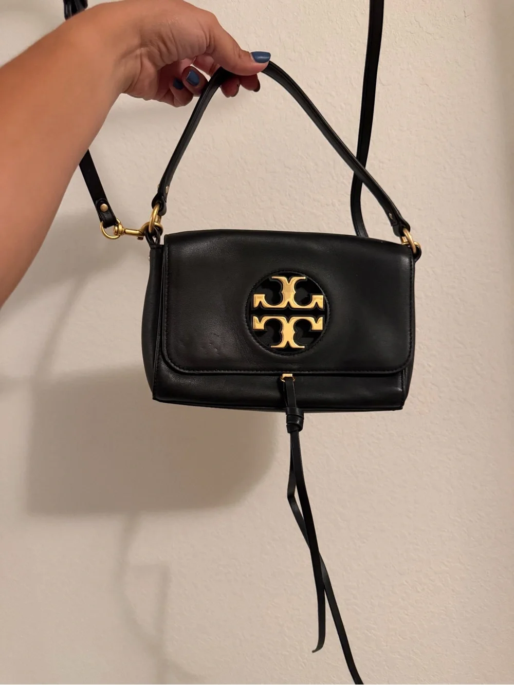 Tory Burch Black Leather Crossbody with Gold Logo Medallion